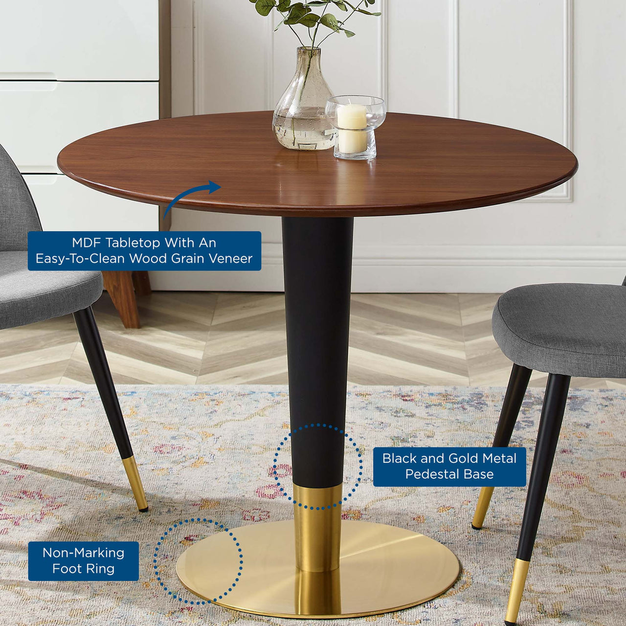 Aurelio Round Dining Table, Small, Gold & Walnut