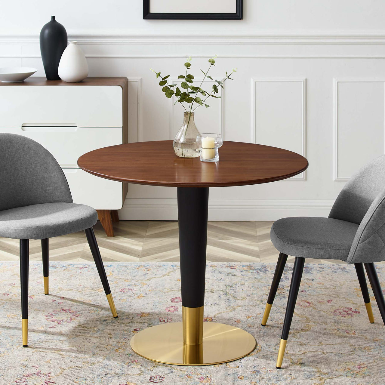Aurelio Round Dining Table, Small, Gold & Walnut