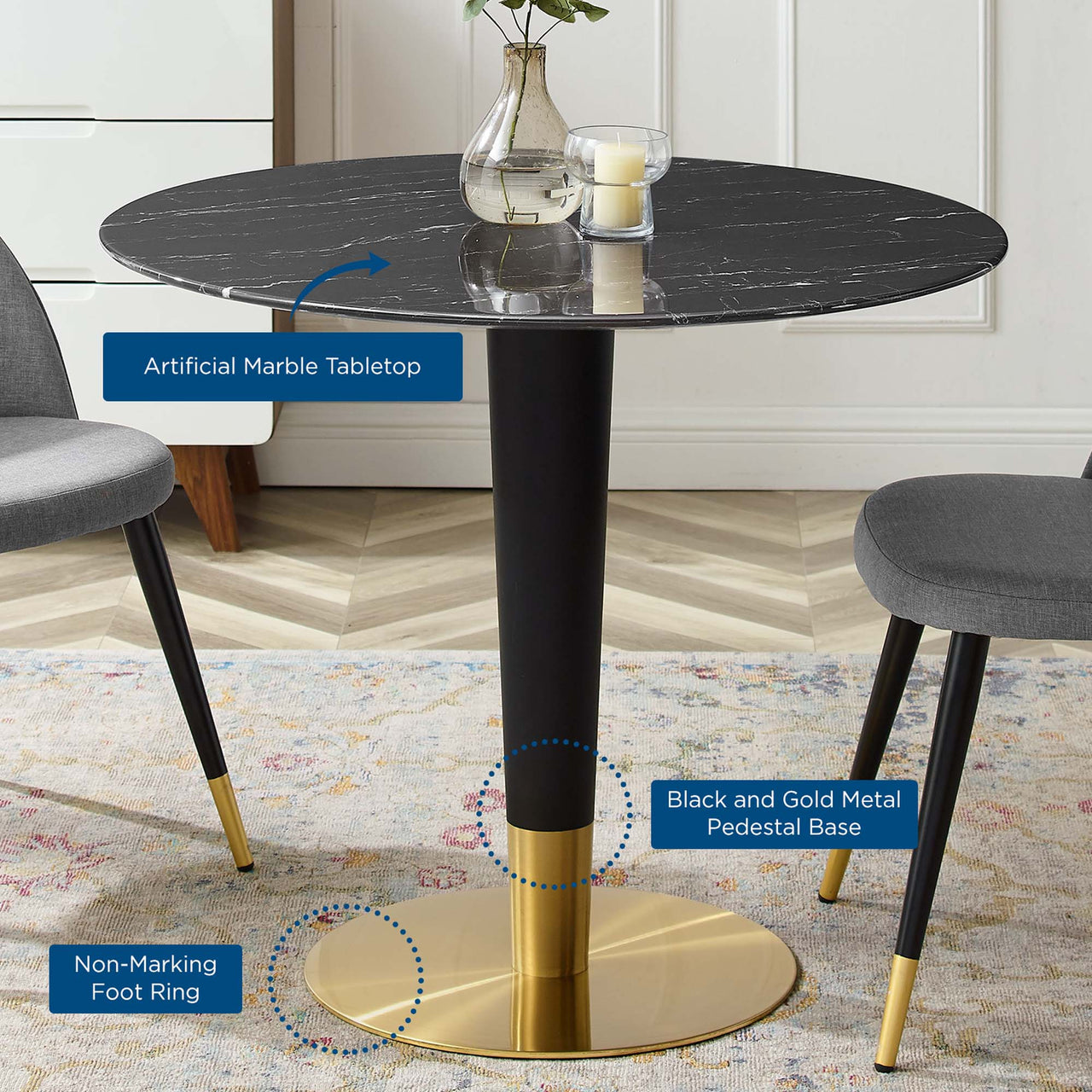 Aurelio Round Faux Marble Dining Table, Small, Gold & Black