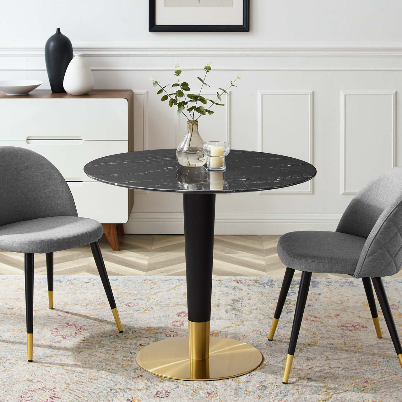 Aurelio Round Faux Marble Dining Table, Small, Gold & Black