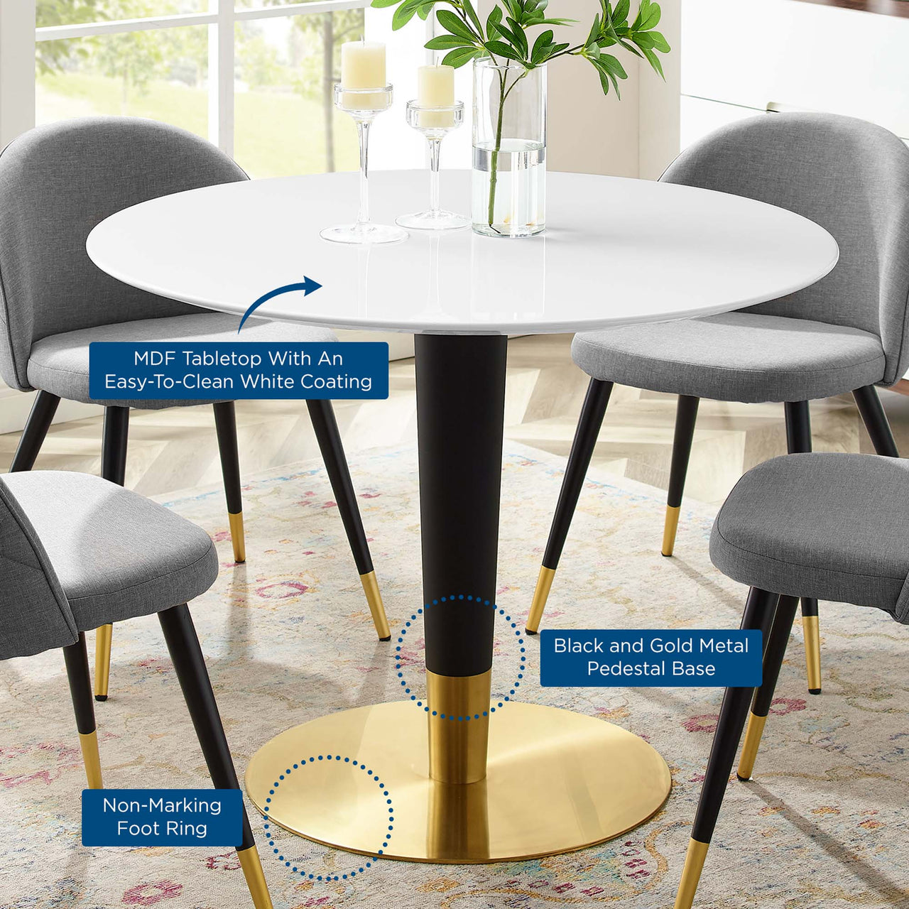 Aurelio Round Dining Table, Medium, Gold & White