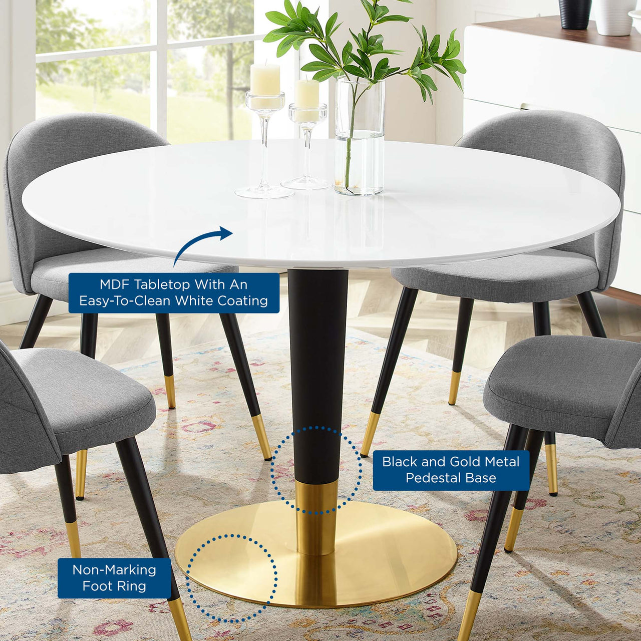 Aurelio Round Dining Table, Large, Gold & White