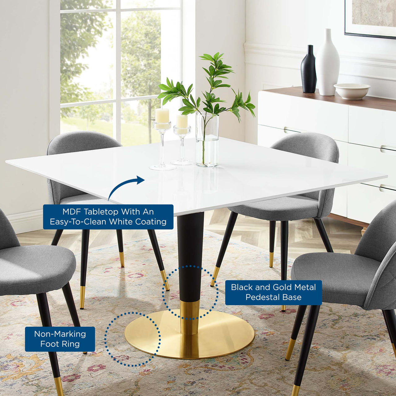 Aurelio Square Dining Table, Extra Large, Gold & White