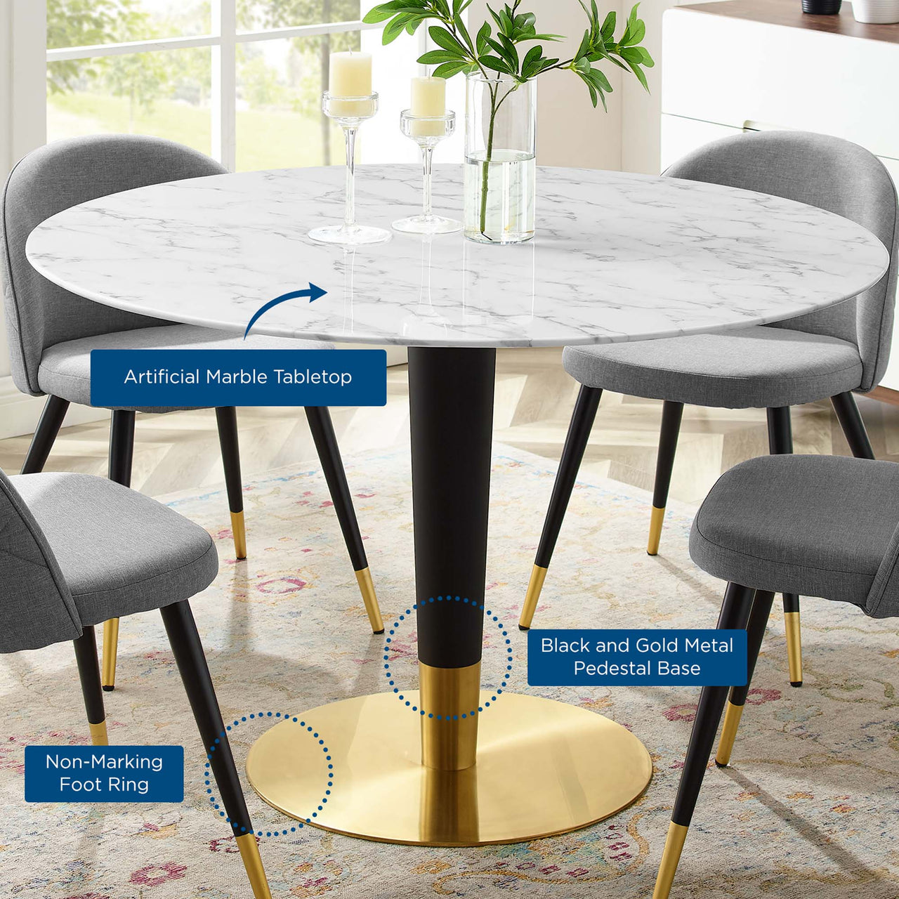 Aurelio Round Faux Marble Dining Table, Large, Gold & White