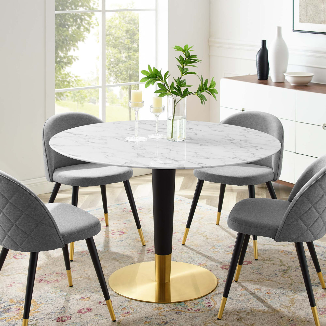 Aurelio Round Faux Marble Dining Table, Large, Gold & White