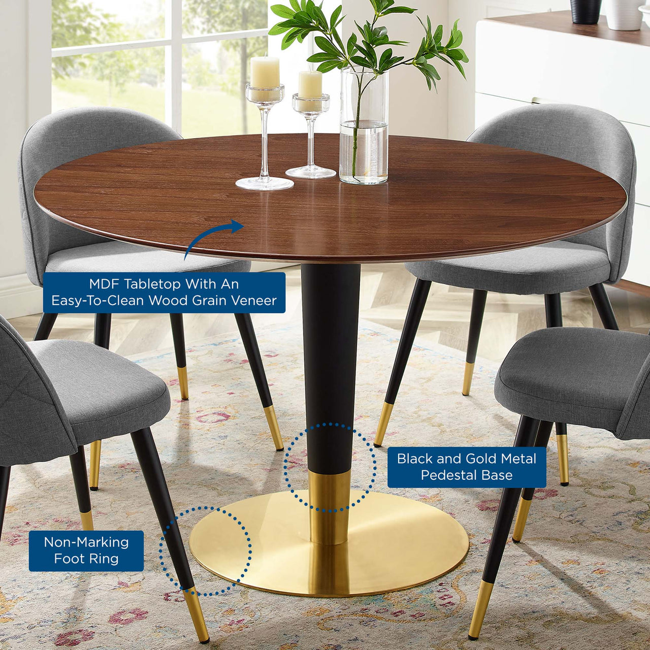 Aurelio Round Dining Table, Large, Gold & Walnut