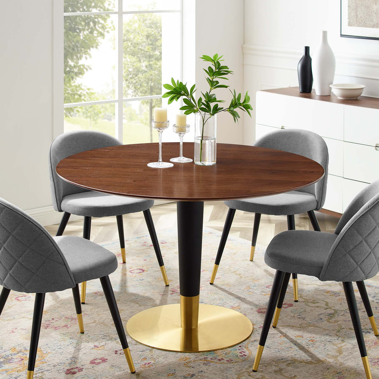 Aurelio Round Dining Table, Large, Gold & Walnut