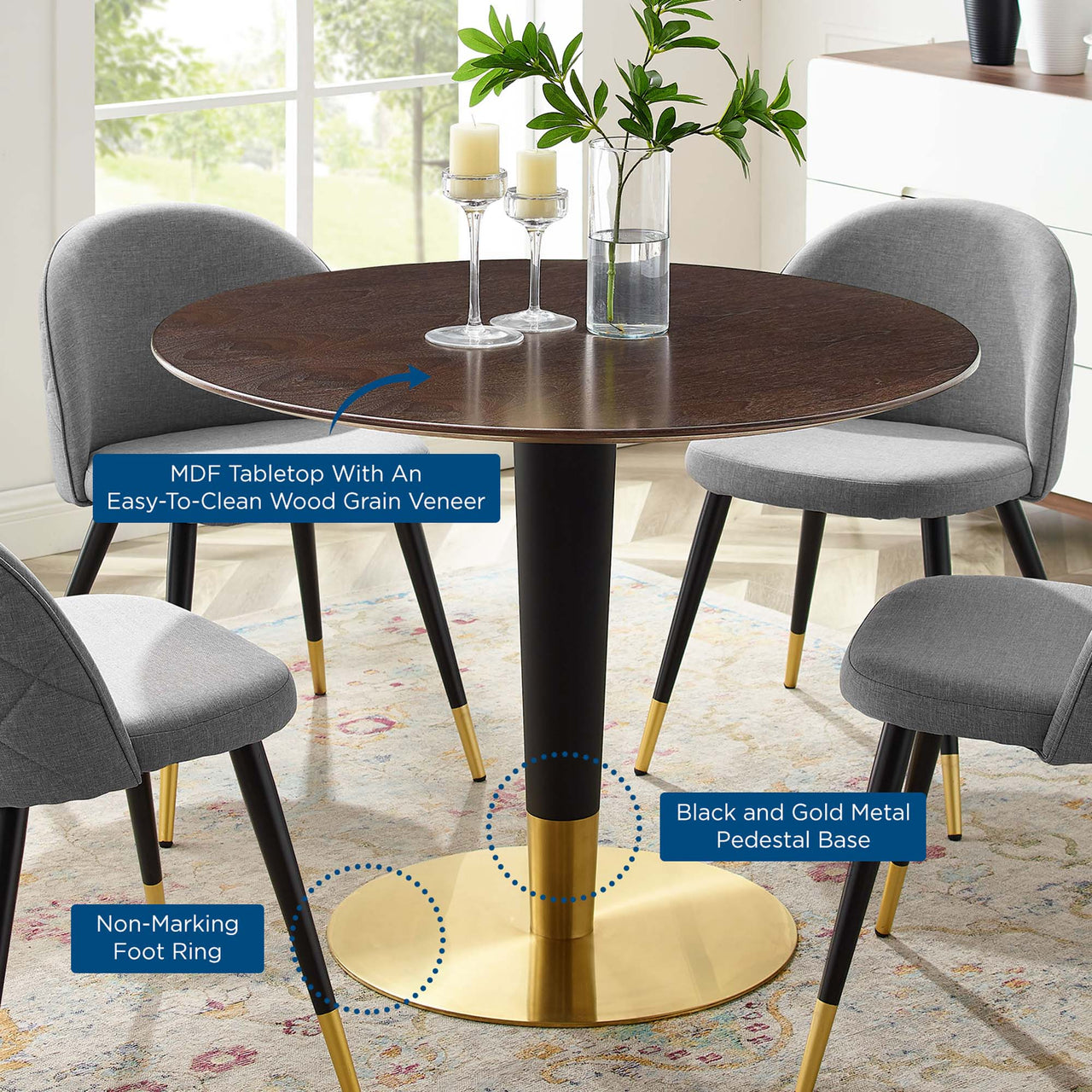 Aurelio Round Dining Table, Medium, Gold & Cherry Walnut