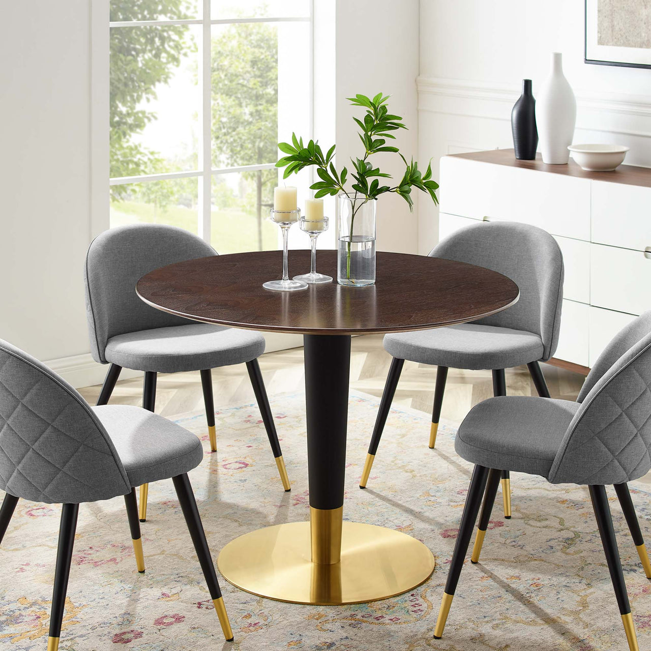 Aurelio Round Dining Table, Medium, Gold & Cherry Walnut