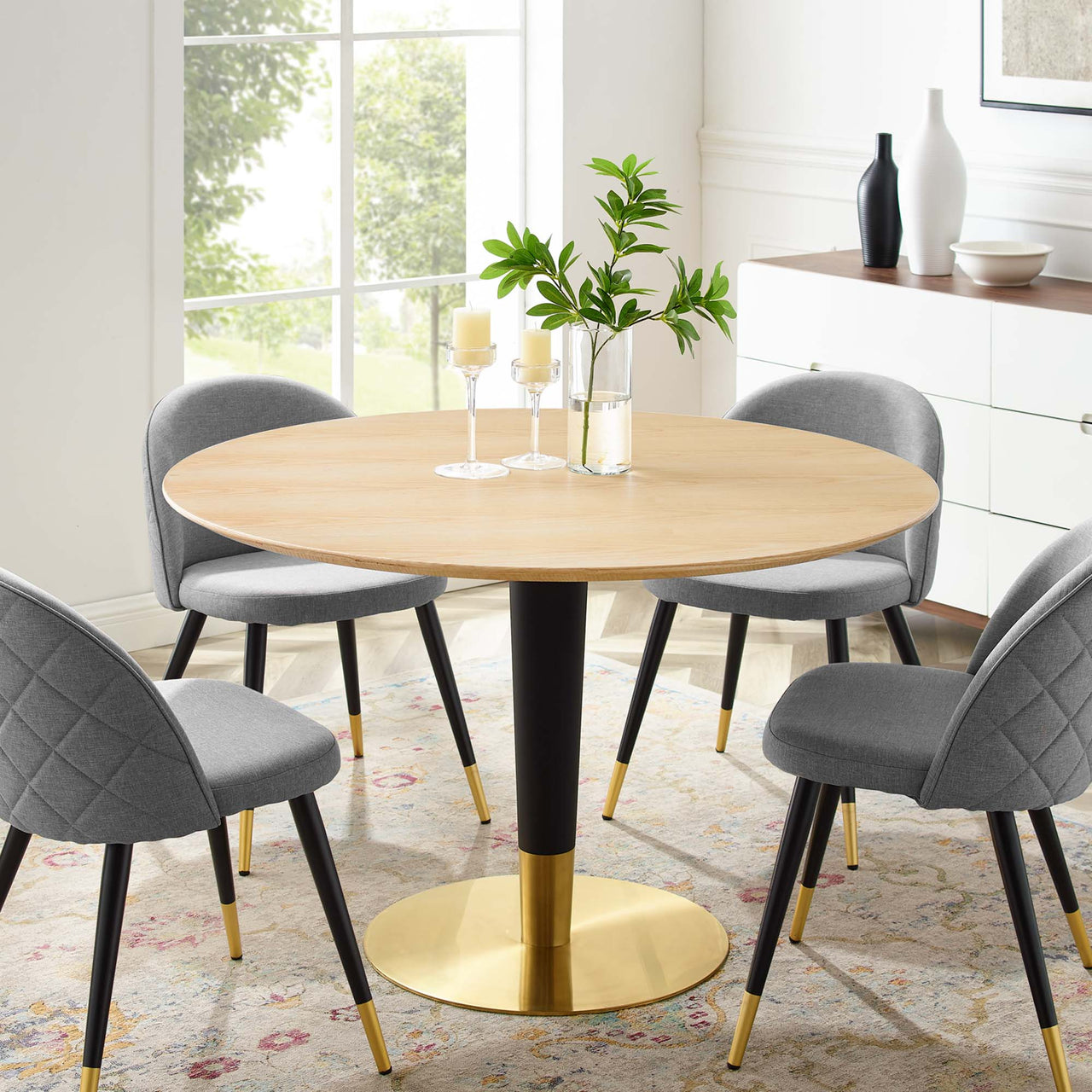 Aurelio Round Dining Table, Large, Gold & Natural Wood
