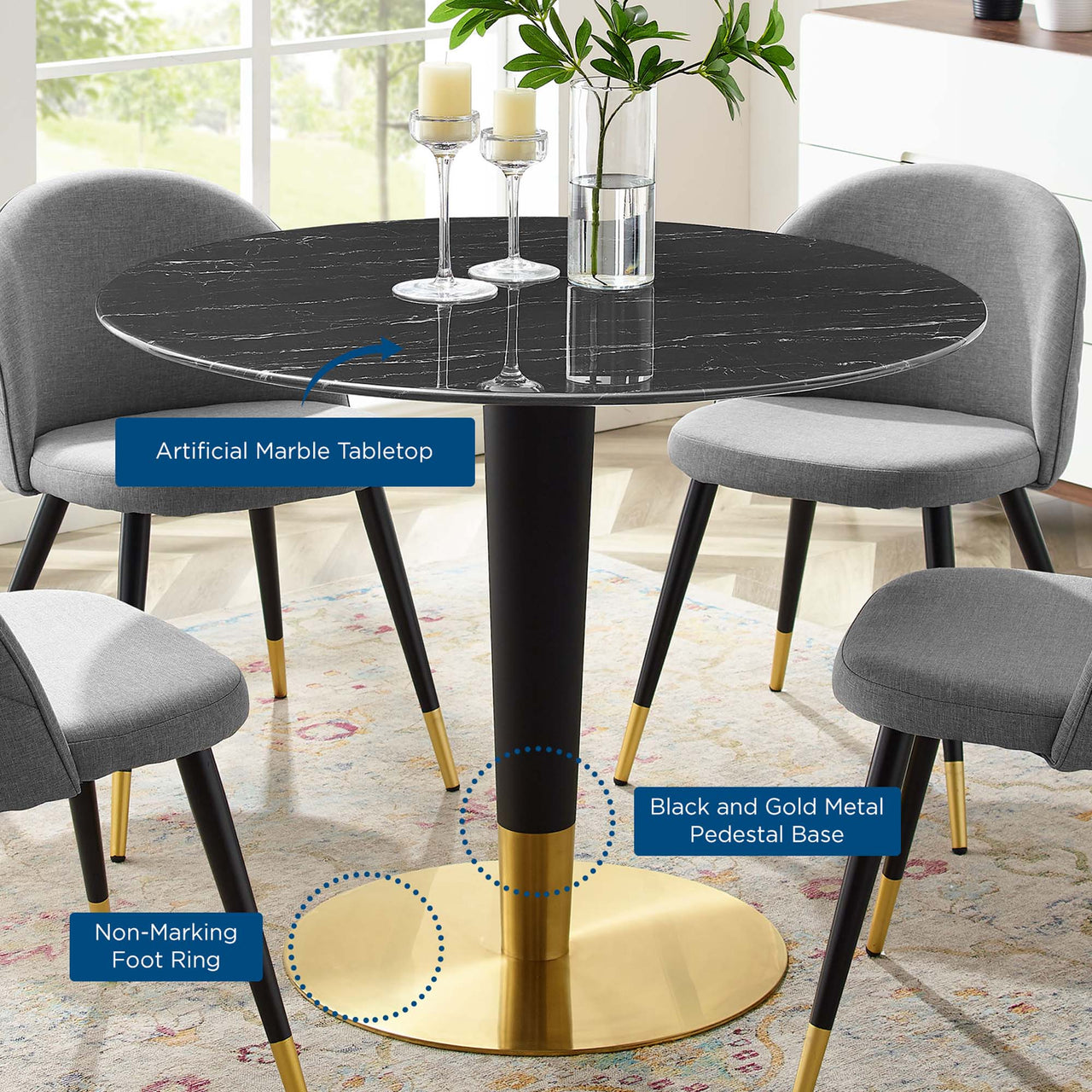 Aurelio Round Faux Marble Dining Table, Medium, Gold & Black