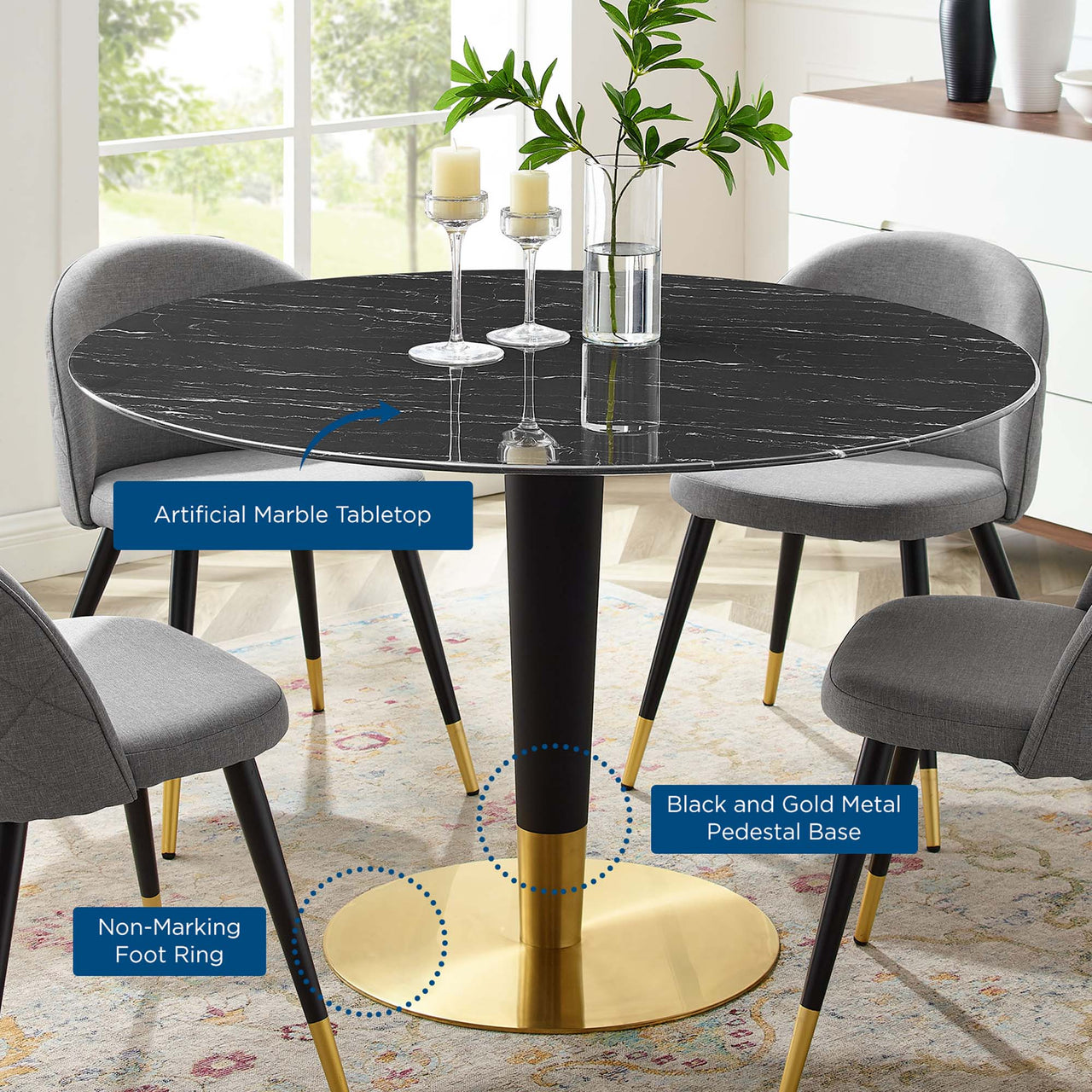 Aurelio Round Faux Marble Dining Table, Large, Gold & Black
