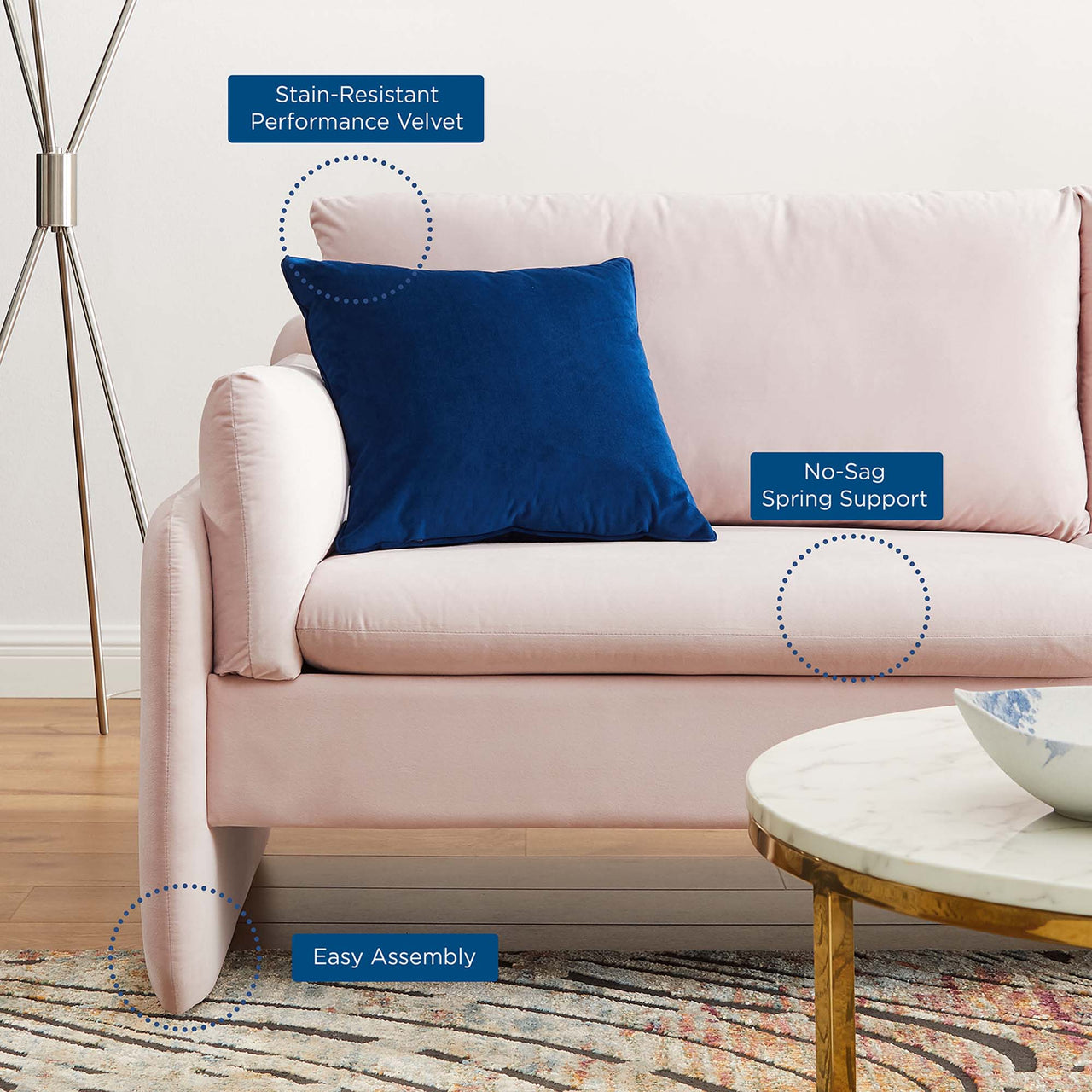 Levitate Upholstered Velvet Sofa, Pink