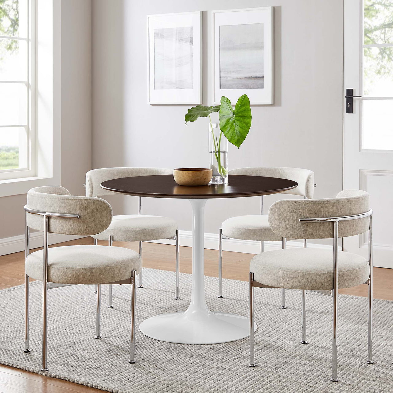 Ensemble Round Dining Table, Medium, White & Cherry Walnut