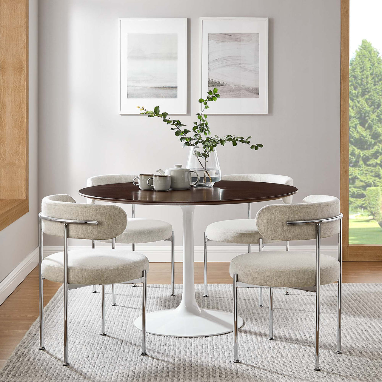 Ensemble Round Dining Table, Large, White & Cherry Walnut
