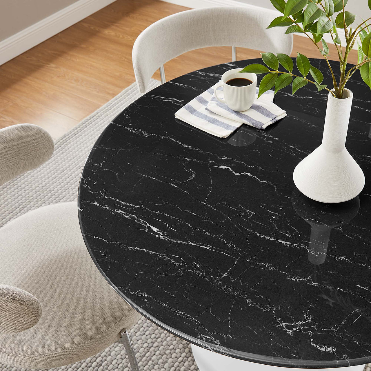 Ensemble Round Faux Marble Dining Table, Medium, White & Black