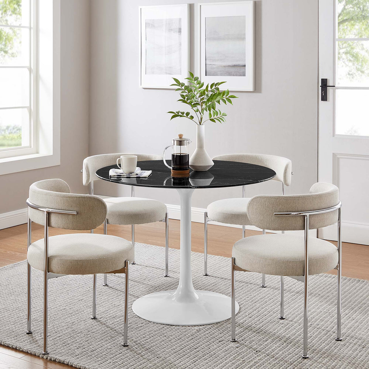 Ensemble Round Faux Marble Dining Table, Medium, White & Black