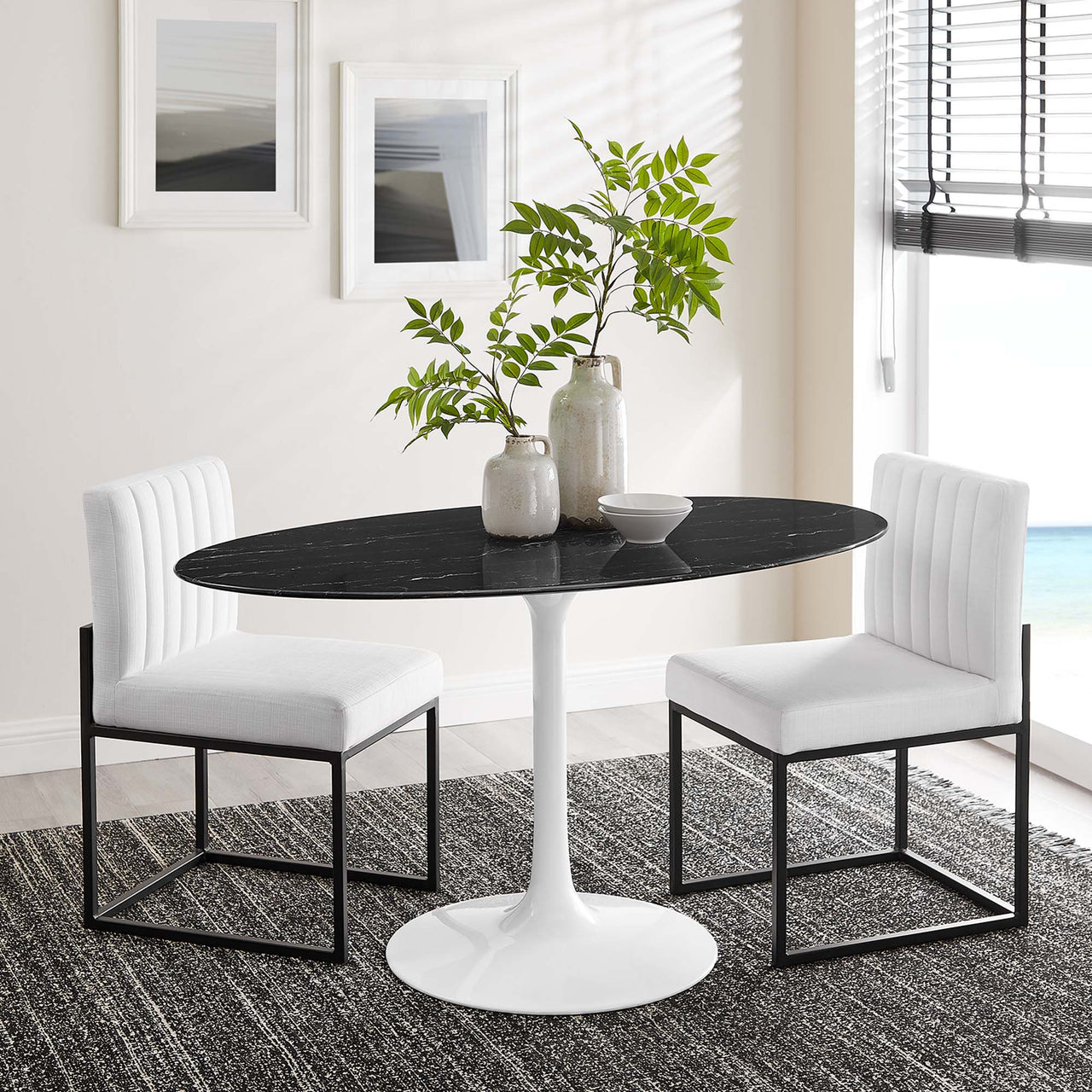 Ensemble Oval Faux Marble Dining Table, Medium, White & Black