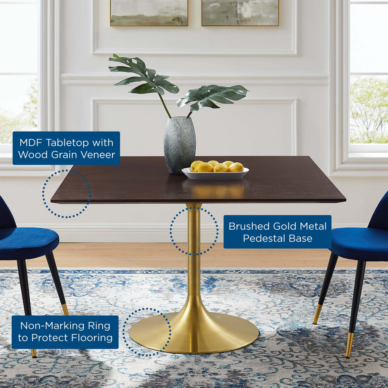 Ensemble Square Dining Table, Extra Large, Gold & Cherry Walnut