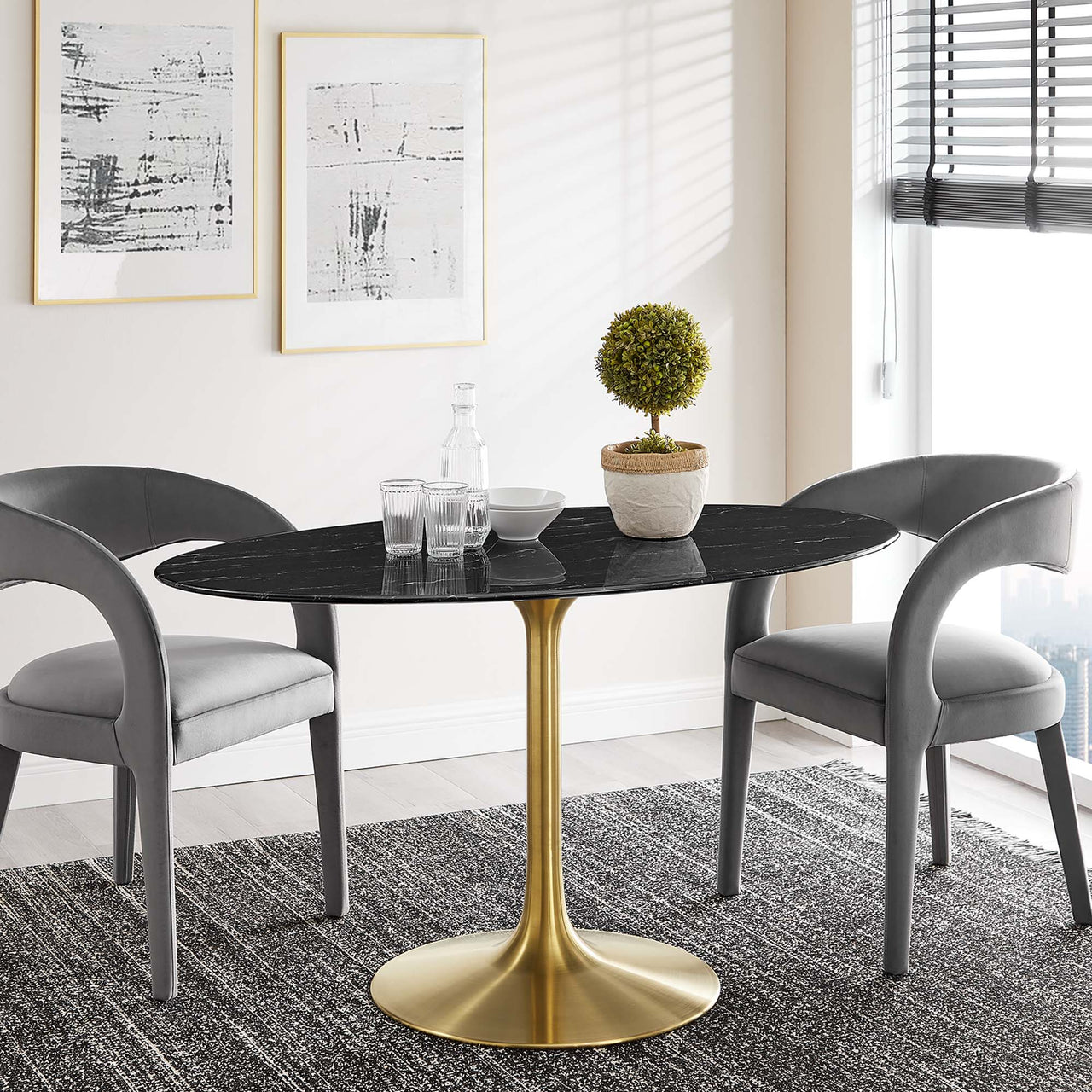 Ensemble Oval Faux Marble Dining Table, Medium, Gold & Black