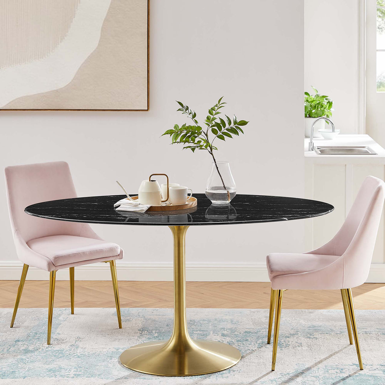 Ensemble Oval Faux Marble Dining Table, Large, Gold & Black