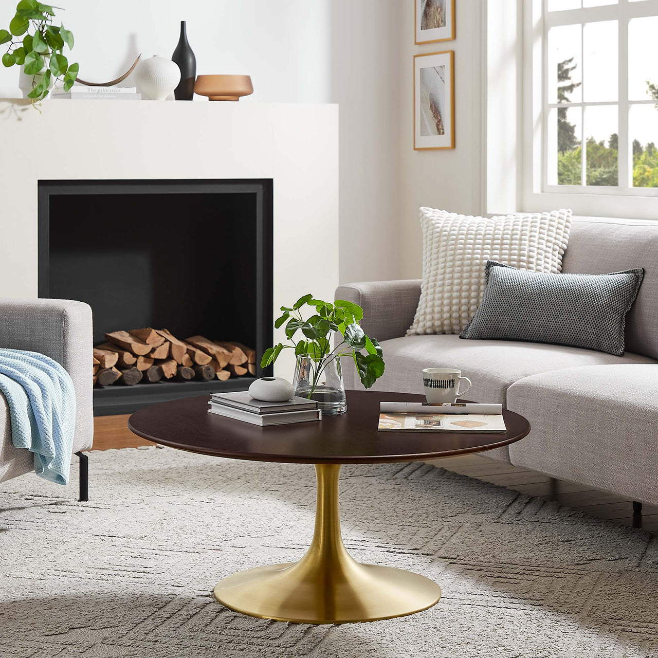 Ensemble Round Coffee Table, Medium, Gold & Cherry Walnut