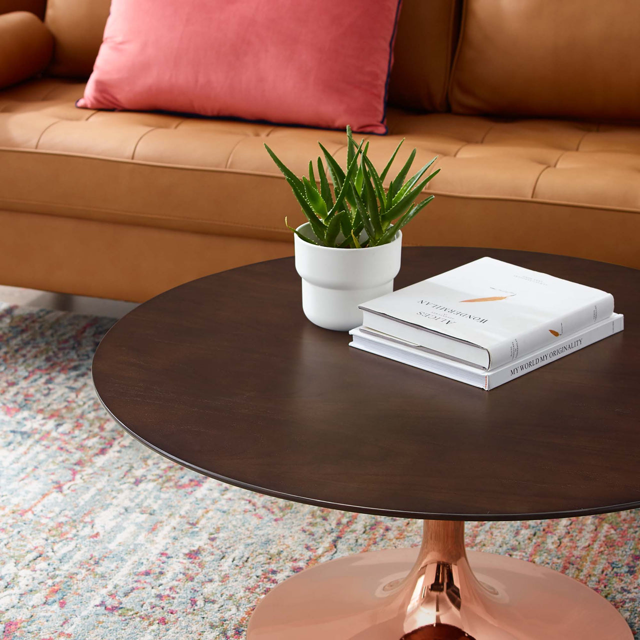 Ensemble Round Coffee Table, Medium, Rose Gold & Cherry Walnut