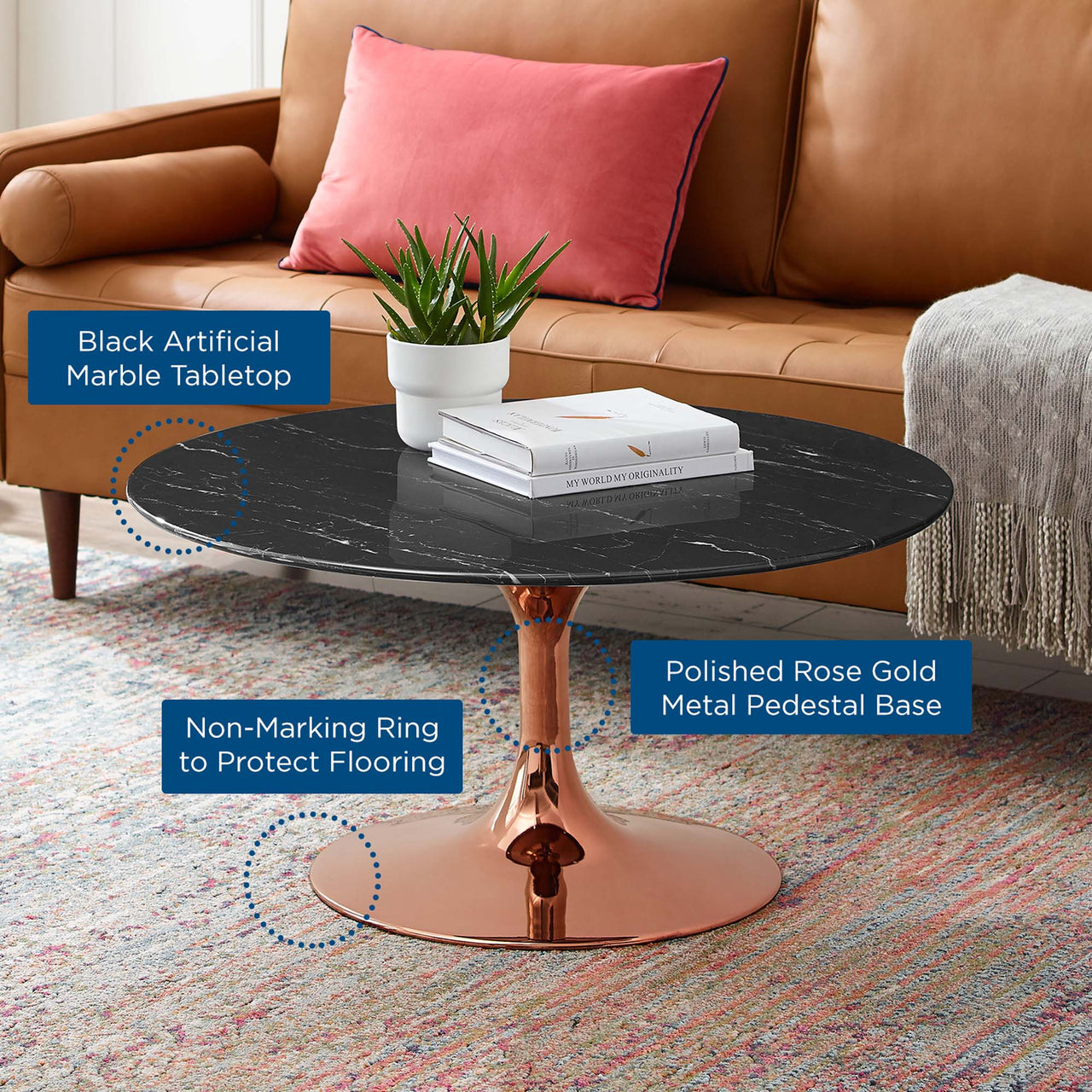 Ensemble Round Faux Marble Coffee Table, Medium, Rose Gold & Black