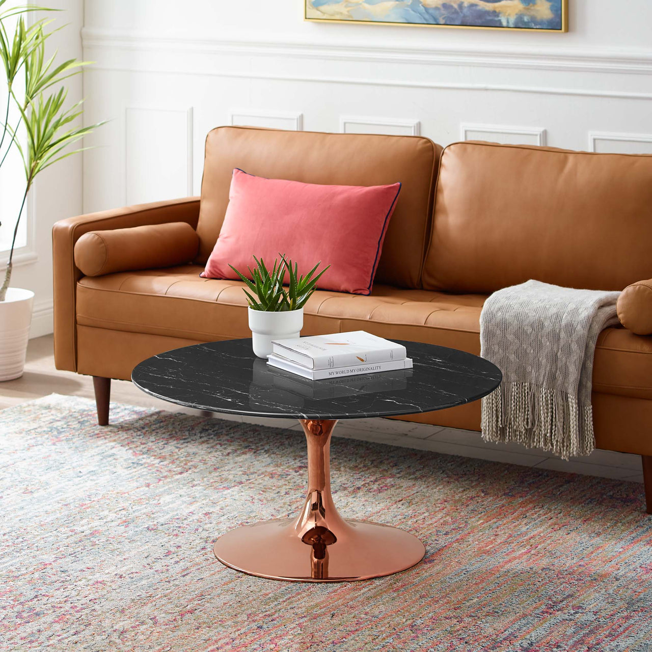 Ensemble Round Faux Marble Coffee Table, Medium, Rose Gold & Black