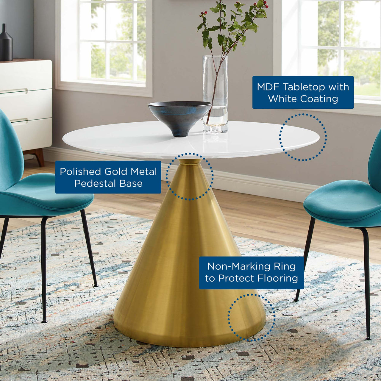 Solari Pedestal Round Dining Table, Medium, Gold & White
