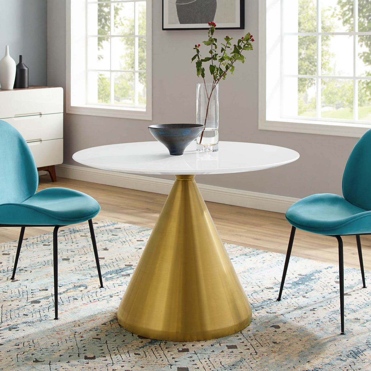 Solari Pedestal Round Dining Table, Medium, Gold & White