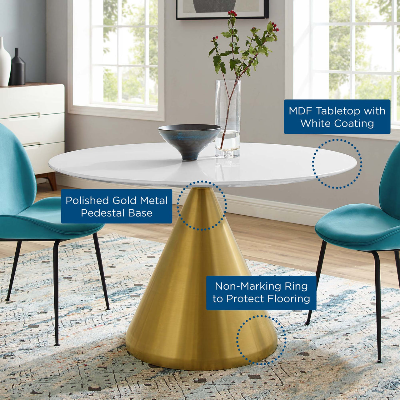 Solari Pedestal Round Dining Table, Large, Gold & White