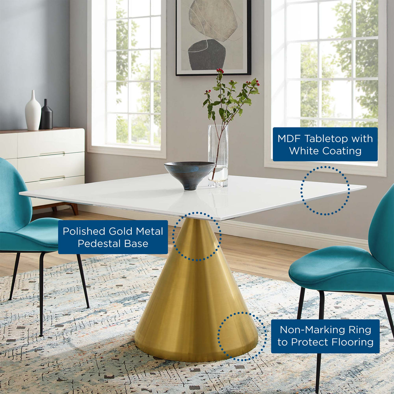 Solari Pedestal Square Dining Table, Extra Large, Gold & White