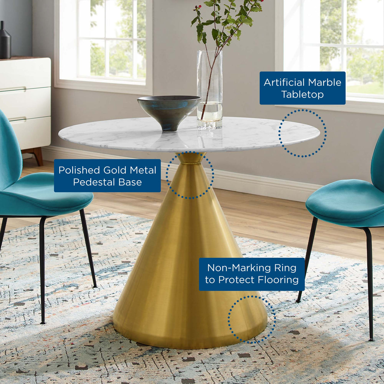 Solari Pedestal Round Faux Marble Dining Table, Medium, Gold & White