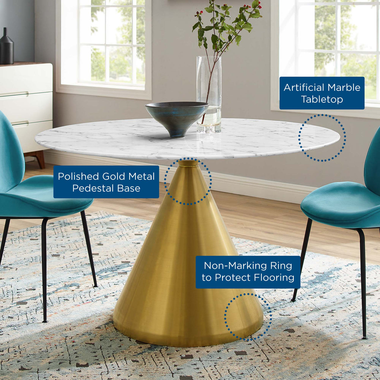 Solari Pedestal Round Faux Marble Dining Table, Large, Gold & White