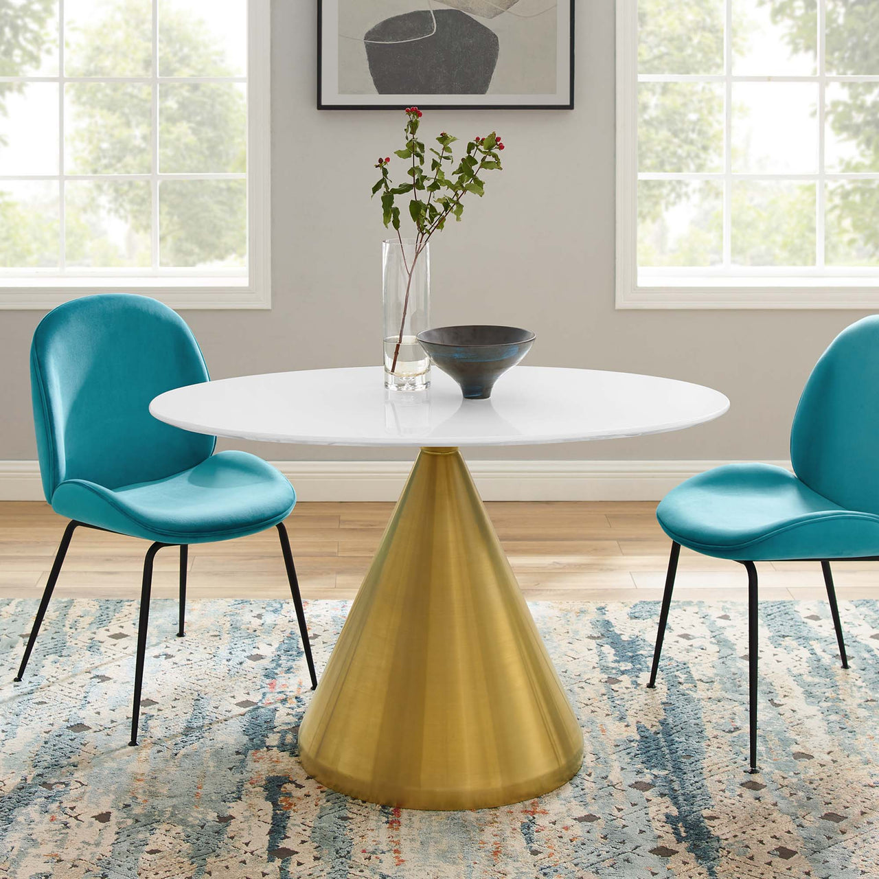 Solari Pedestal Oval Dining Table, Small, Gold & White