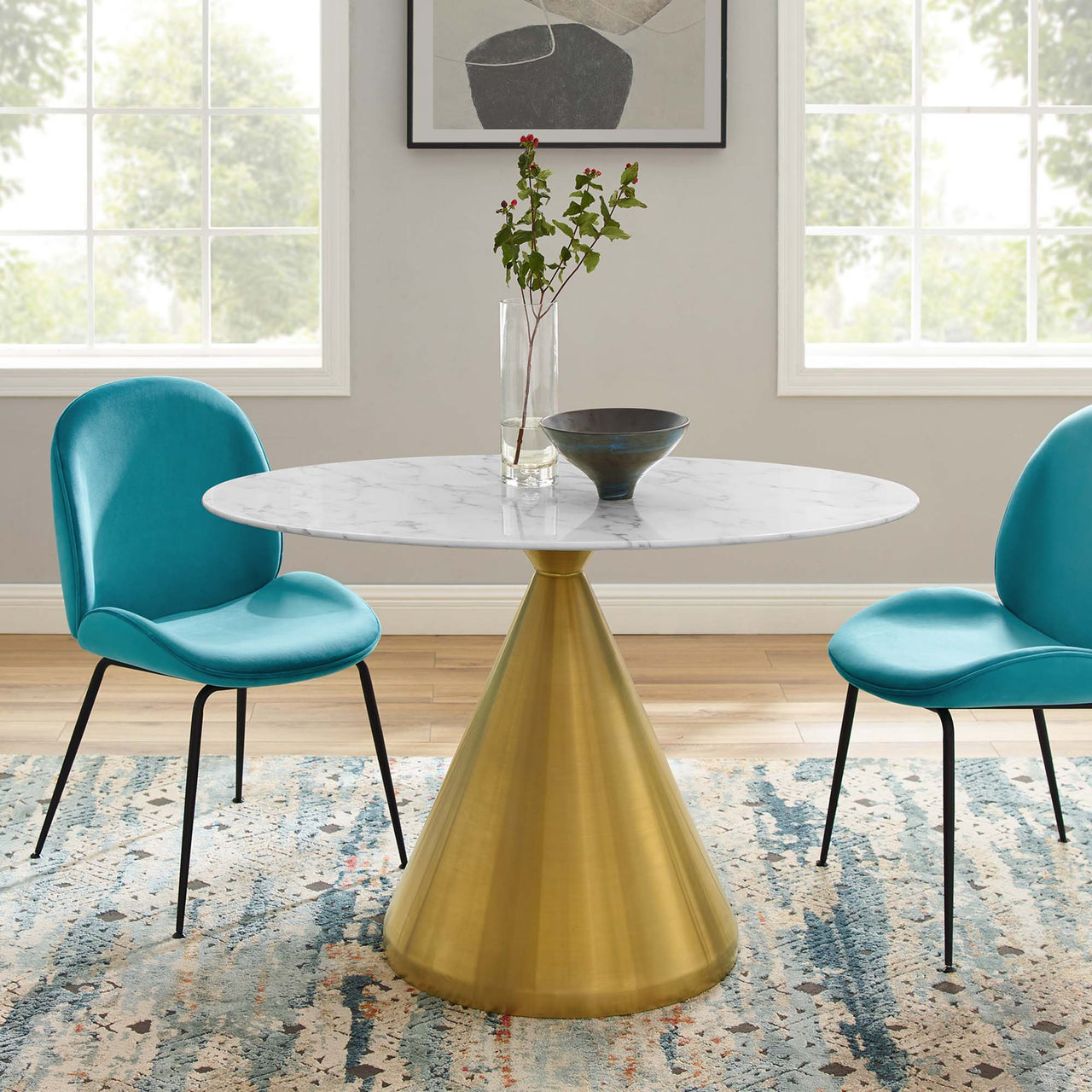 Solari Pedestal Oval Faux Marble Dining Table, Small, Gold & White