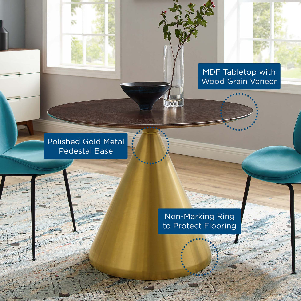 Solari Pedestal Round Dining Table, Medium, Gold & Cherry Walnut