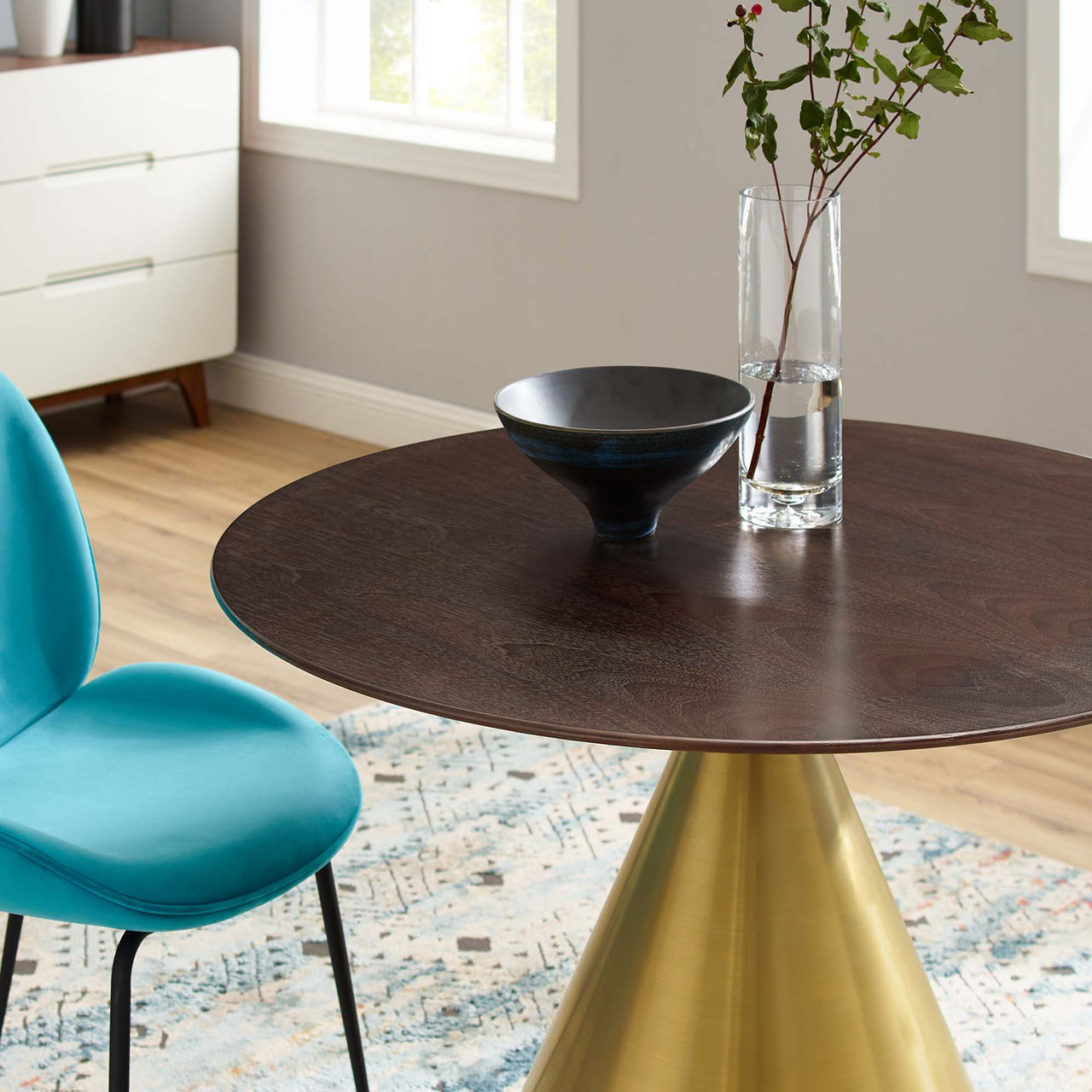 Solari Pedestal Round Dining Table, Medium, Gold & Cherry Walnut