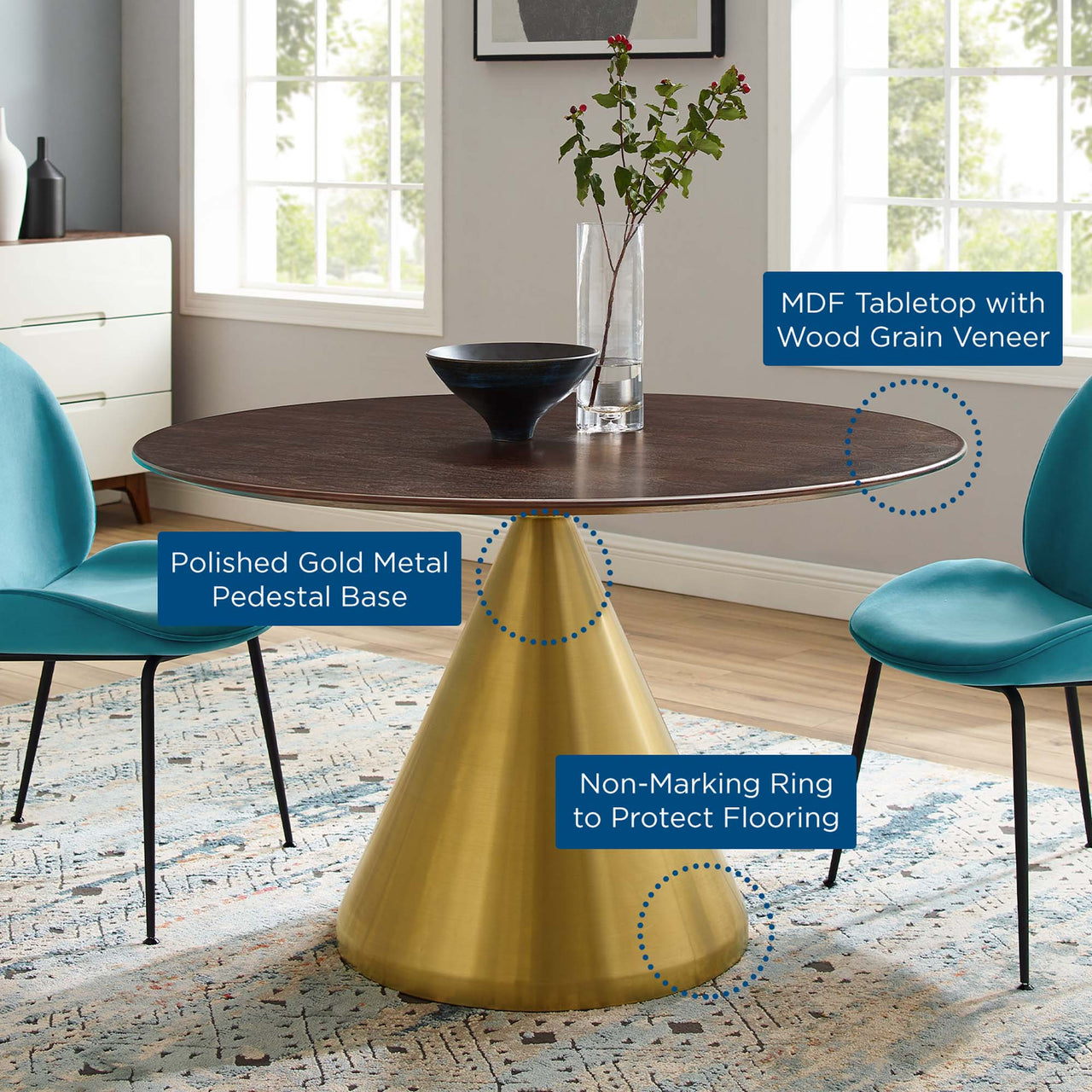 Solari Pedestal Round Dining Table, Large, Gold & Cherry Walnut