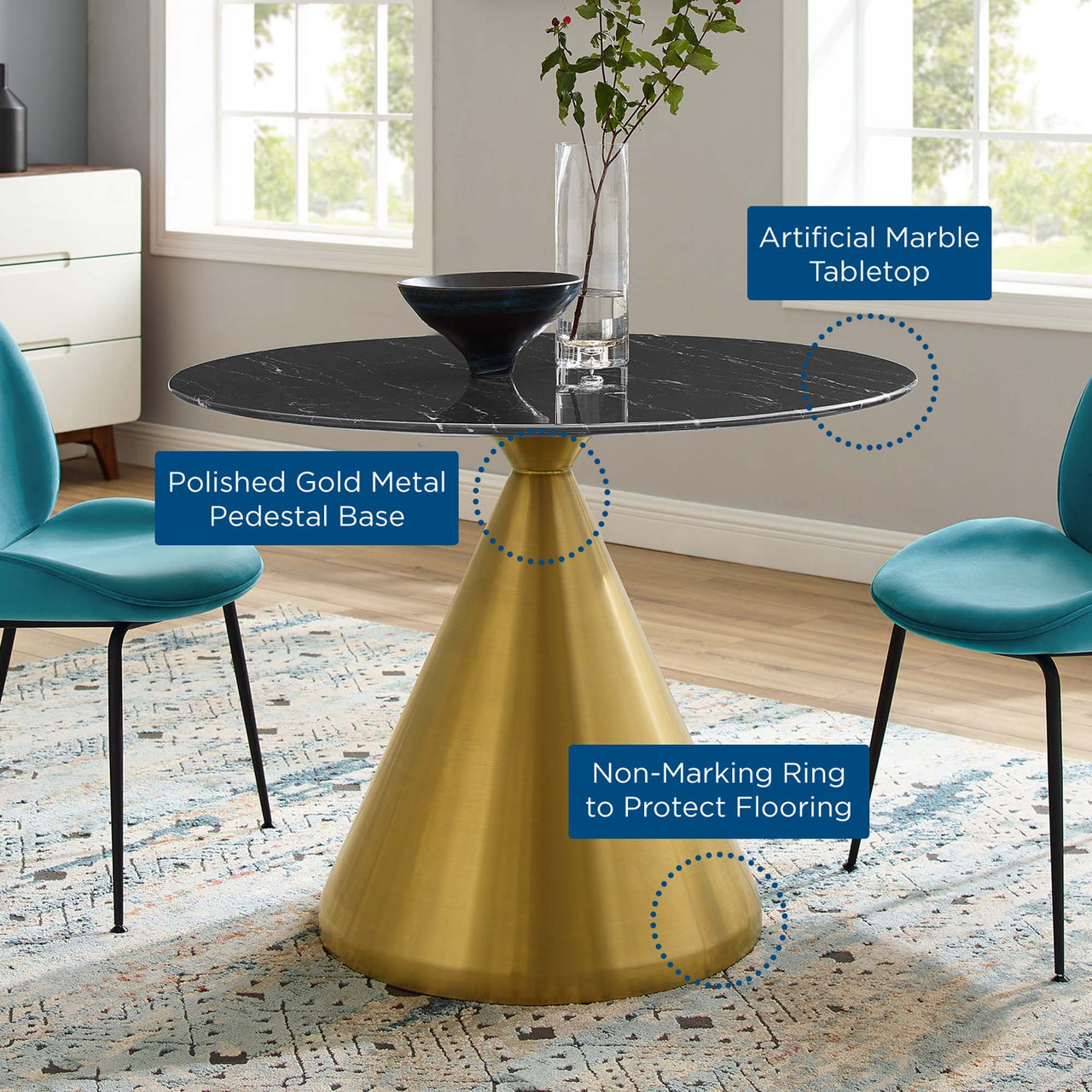 Solari Pedestal Round Faux Marble Dining Table, Medium, Gold & Black