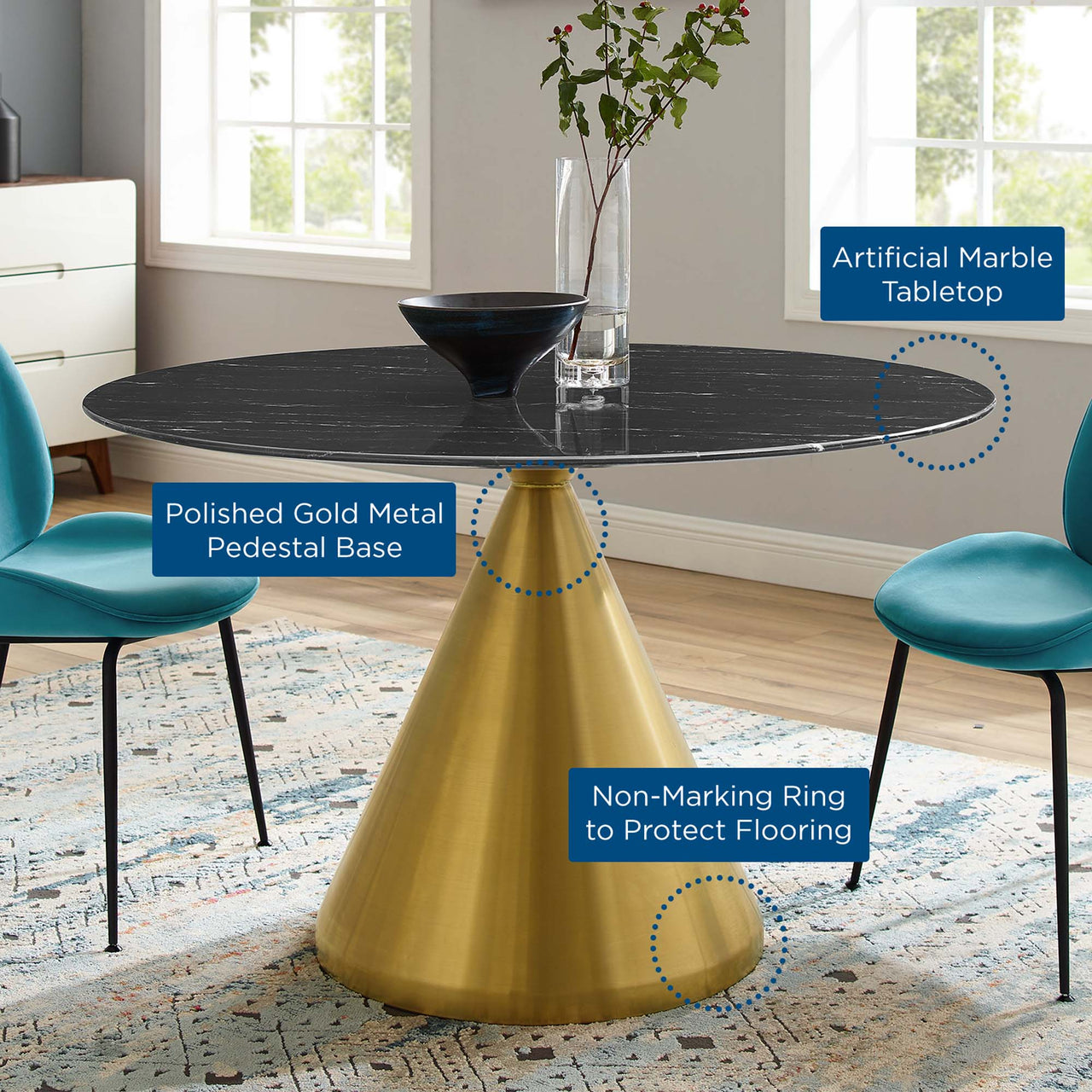 Solari Pedestal Round Faux Marble Dining Table, Large, Gold & Black