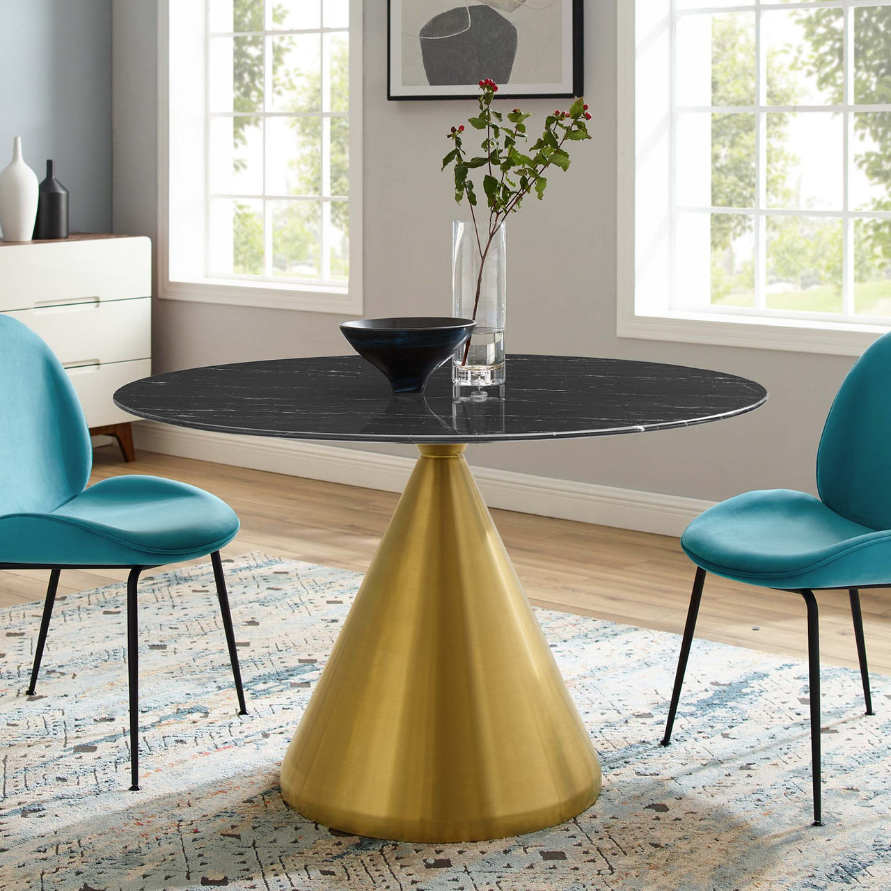 Solari Pedestal Round Faux Marble Dining Table, Large, Gold & Black