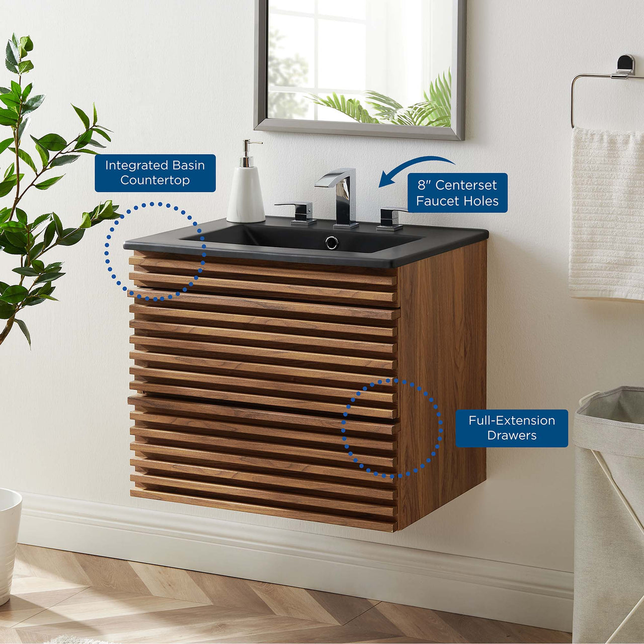 Ventra Floating Vanity Unit, Small, Walnut & Black