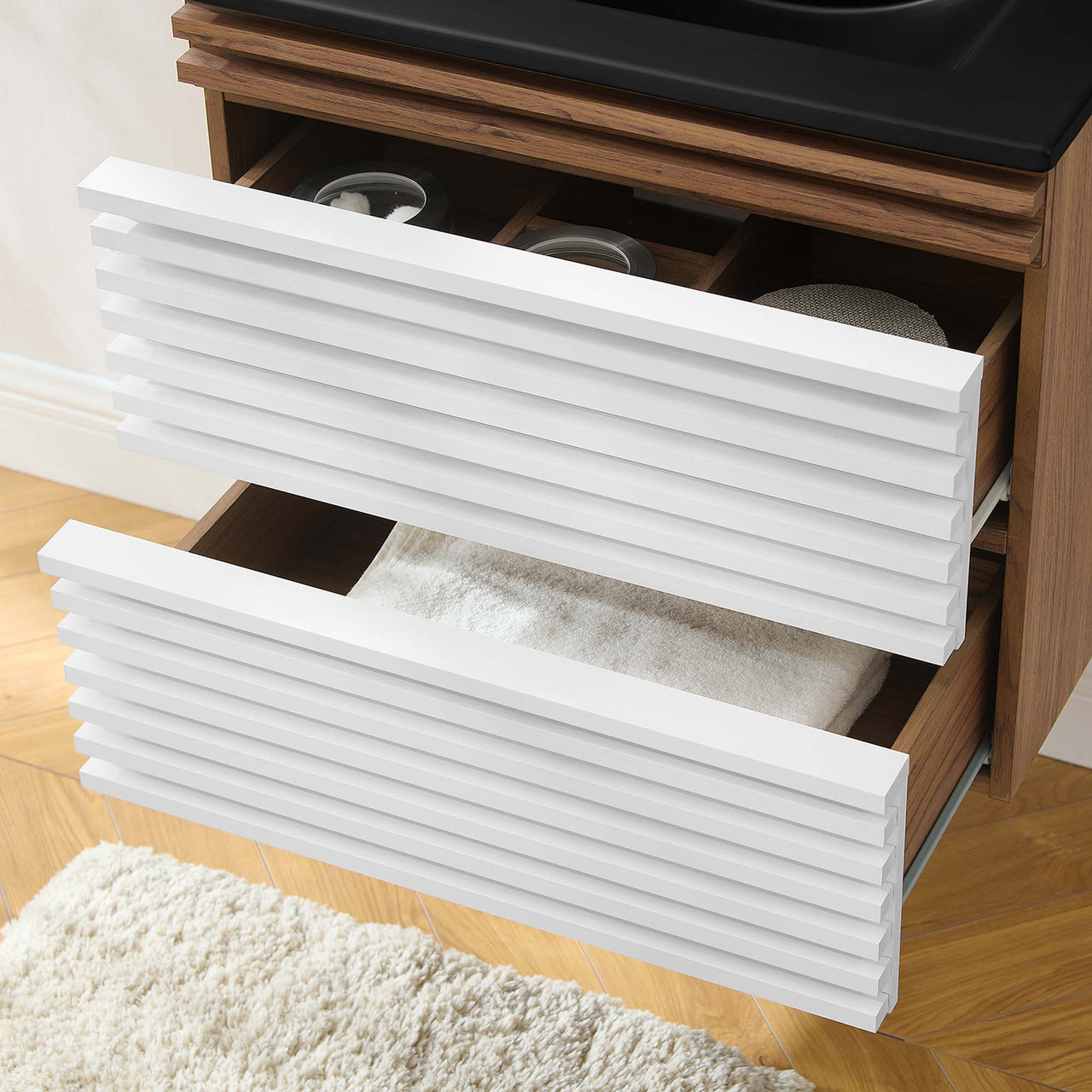 Ventra Floating Vanity Unit, Small, White, Walnut and Black