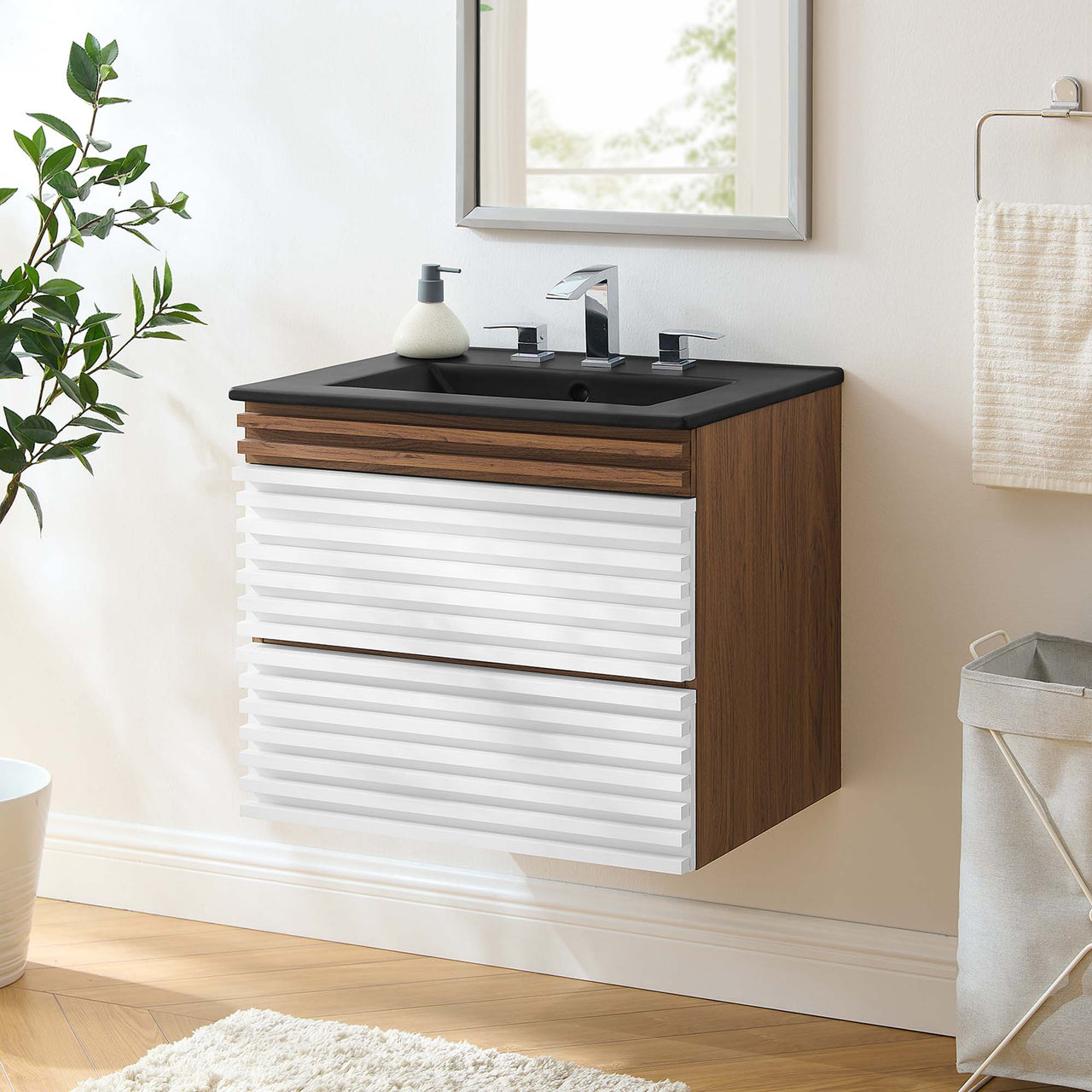 Ventra Floating Vanity Unit, Small, White, Walnut and Black