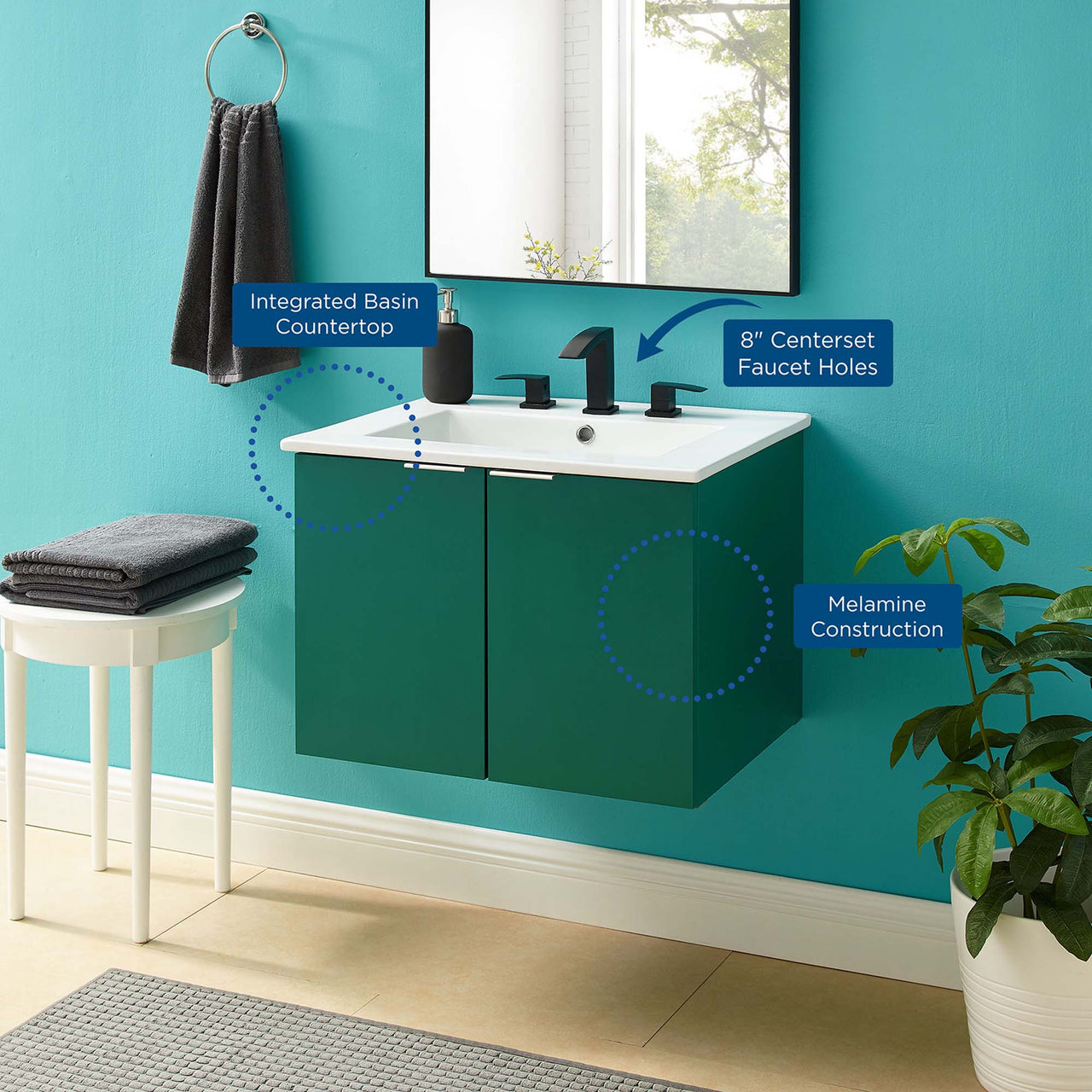 Maveen Floating Vanity Unit, Small, Green & White