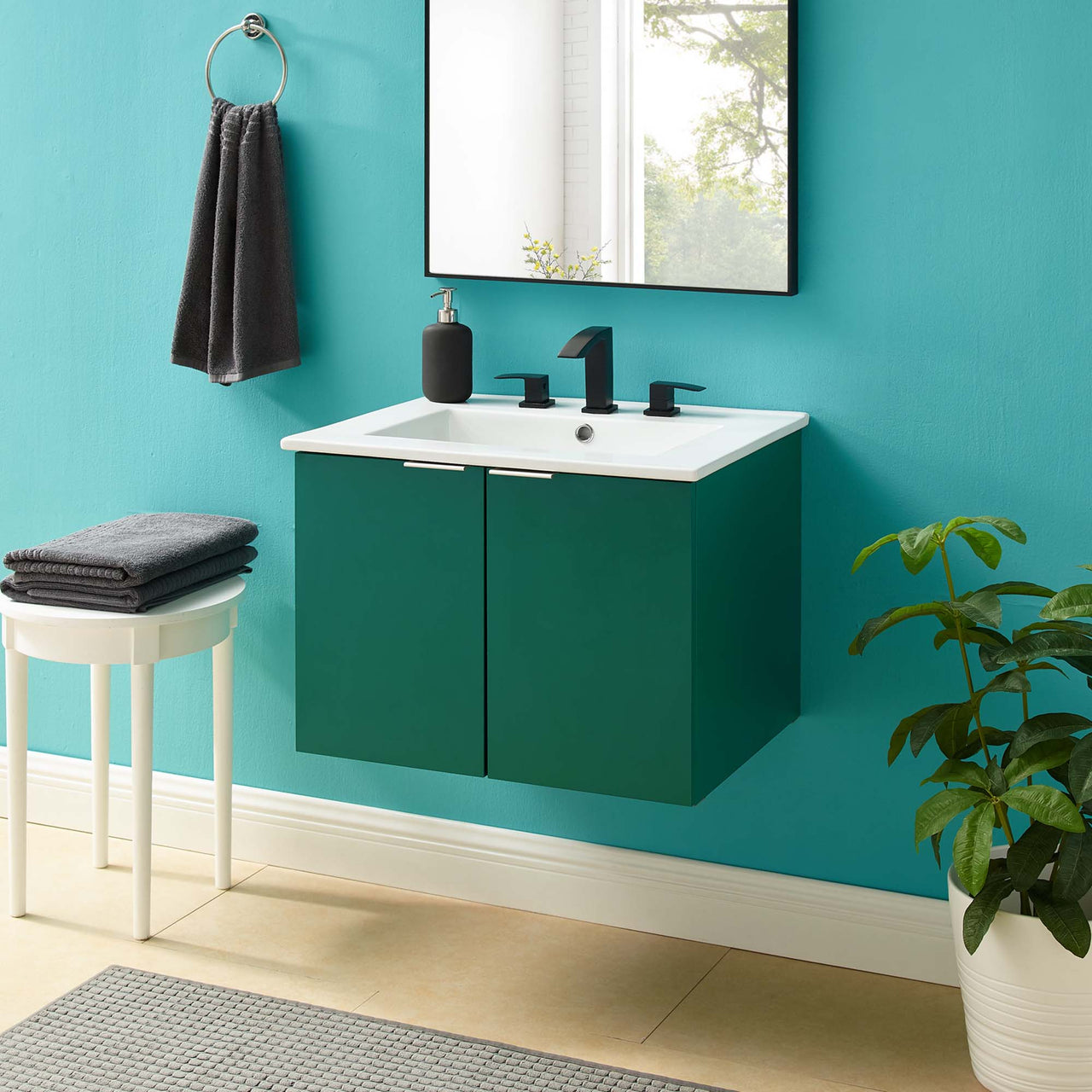 Maveen Floating Vanity Unit, Small, Green & White