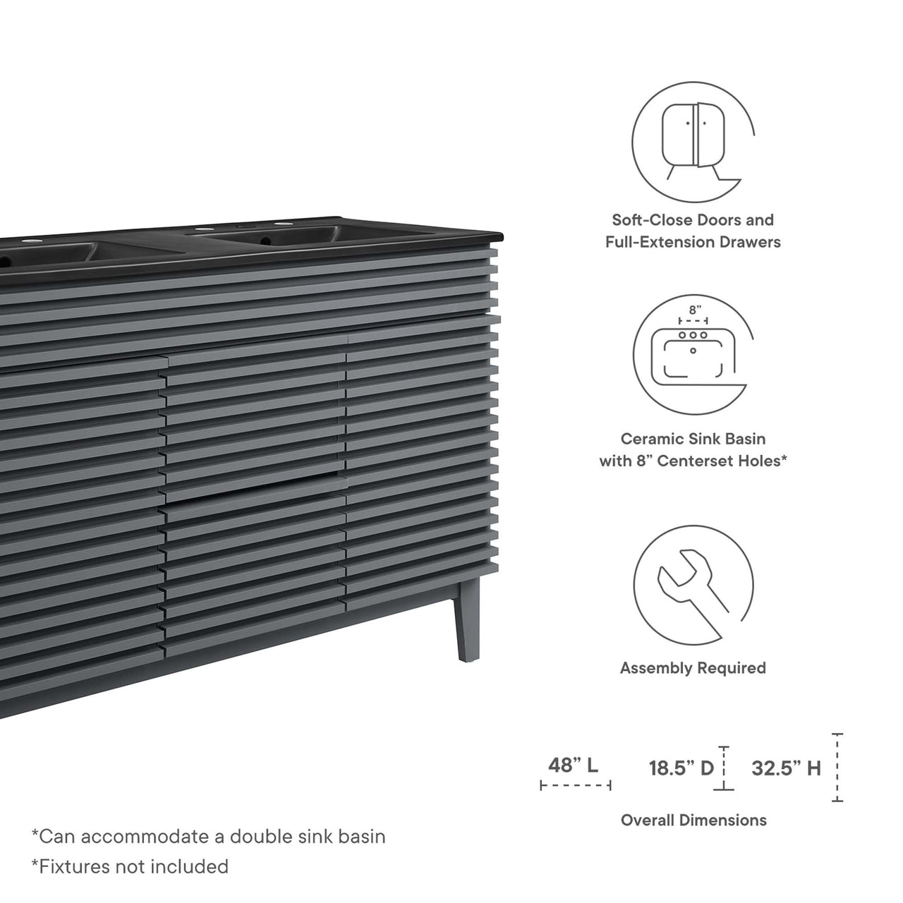 Ventra Double Sink Vanity Unit, Extra Large, Gray & Black