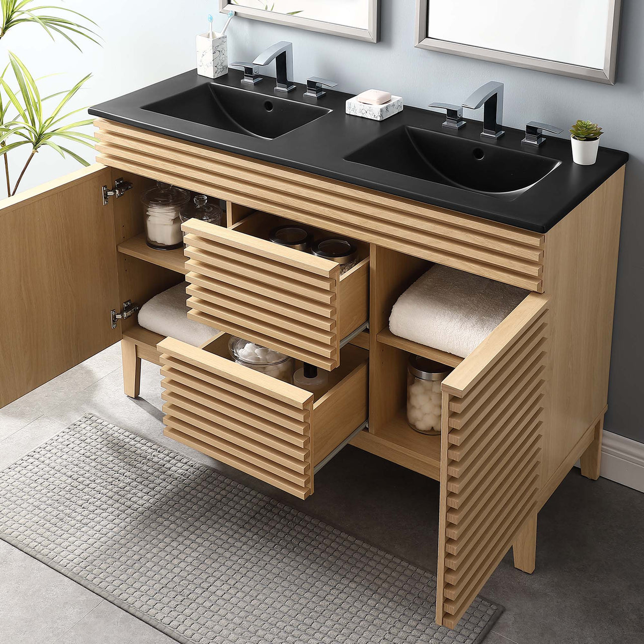 Ventra Double Sink Vanity Unit, Extra Large, Oak & Black